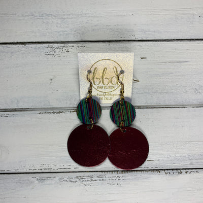 CALLIE -  Leather Earrings  ||  <BR> MULTICOLOR STRIPE, <BR> METALLIC CRANBERRY SMOOTH