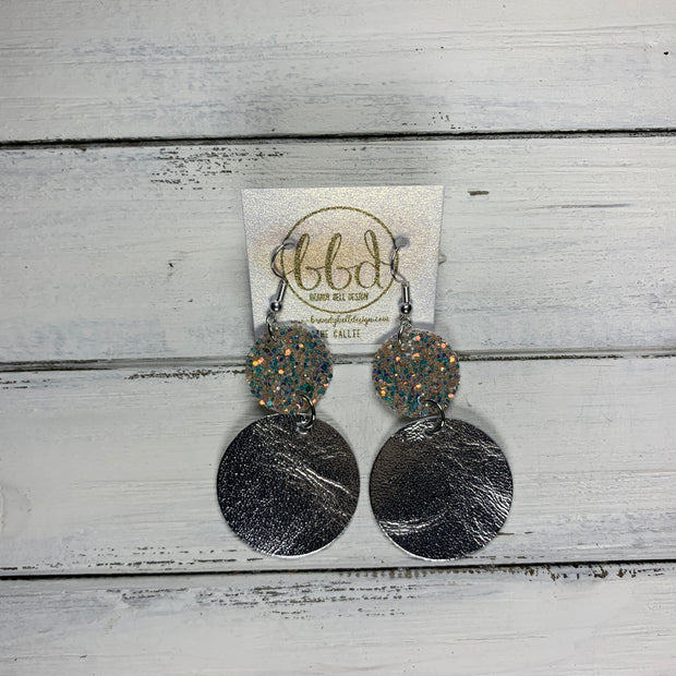 CALLIE -  Leather Earrings  ||  <BR> GLAMOUR GLITTER (FAUX LEATHER), <BR> METALLIC SILVER SMOOTH