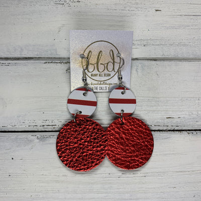 CALLIE -  Leather Earrings  ||  <BR> RED & WHITE STRIPE, <BR> METALLIC RED PEBBLED