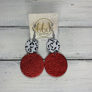 CALLIE -  Leather Earrings  ||  <BR> BLACK & WHITE CHEETAH, <BR> METALLIC RED PEBBLED