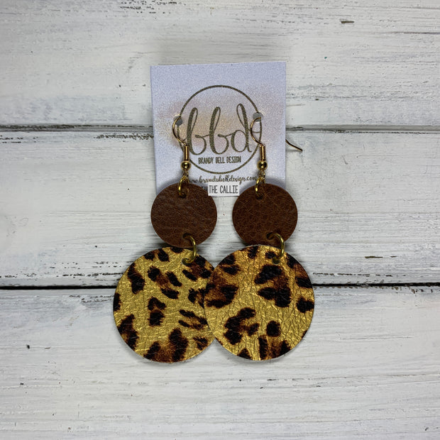 CALLIE -  Leather Earrings  ||  <BR> MATTE DISTRESSED BROWN, <BR> METALLIC CHEETAH PRINT