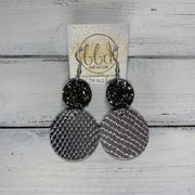 CALLIE -  Leather Earrings  ||  <BR> NEW YEARS GLITTER (FAUX LEATHER), <BR> METALLIC SILVER COBRA