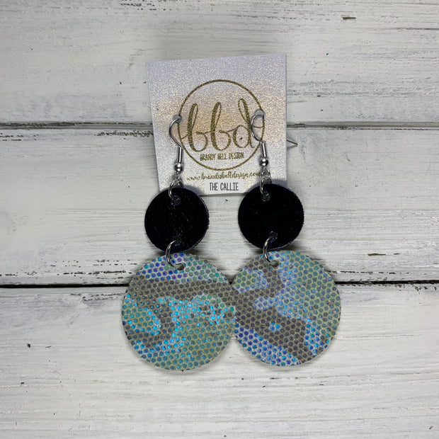 CALLIE -  Leather Earrings  ||  <BR> METALLIC NAVY SMOOTH, <BR> METALLIC BLUE/GREEN SNAKE PRINT