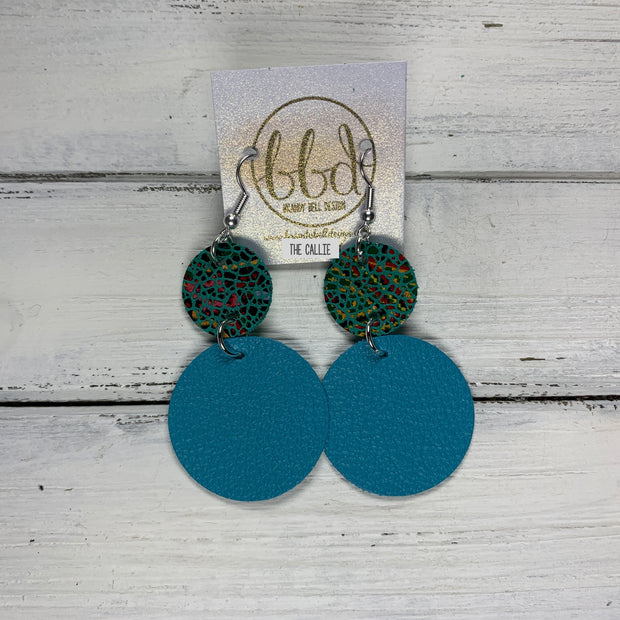 CALLIE -  Leather Earrings  ||  <BR> GREEN MULTI CRACKLE, <BR> MATTE TEAL