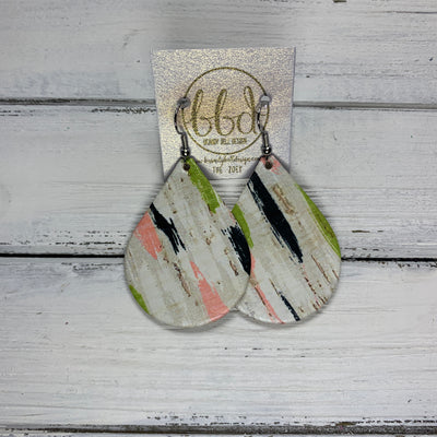 ZOEY (3 sizes available!) -  Leather Earrings  ||  *LIMITED EDITION* CORK - PINK/GREEN/BLACK BRUSH STROKES