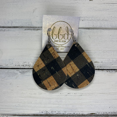 ZOEY (3 sizes available!) -  Leather Earrings  ||  *LIMITED EDITION* CORK - BLACK & NATURAL BUFFALO PLAID