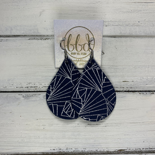 ZOEY (3 sizes available!) -  Leather Earrings  ||   NAVY & METALLIC SILVER CHINESE FAN