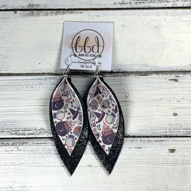 ALLIE -  Leather Earrings  ||   <BR> BREWING MAGIC (FAUX LEATHER), <BR> SHIMMER DISTRESSED SILVER ON BLACK