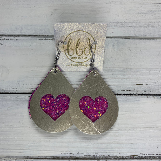 ZOEY -  <BR>  *LIMITED EDITION* CUT-OUT Earrings    ||  METALLIC CHAMPAGNE SMOOTH, SASSY PINK GLITTER HEART (FAUX LEATHER)