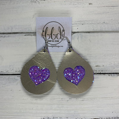 ZOEY -  <BR>  *LIMITED EDITION* CUT-OUT Earrings    ||  METALLIC CHAMPAGNE SMOOTH, LILAC GLITTER HEART (FAUX LEATHER)
