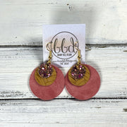 GRAY -  Leather Earrings  ||   <BR> PINK & GOLD GLITTER (FAUX LEATHER), <BR> MUSTARD BRAID, <BR> DISTRESSED SALMON SMOOTH