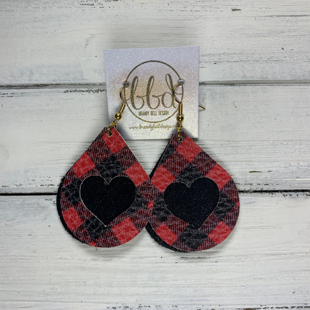 ZOEY -  <BR>  *LIMITED EDITION* CUT-OUT Earrings    ||  BLACK & RED BUFFALO PLAID (FAUX LEATHER), SHIMMER BLACK