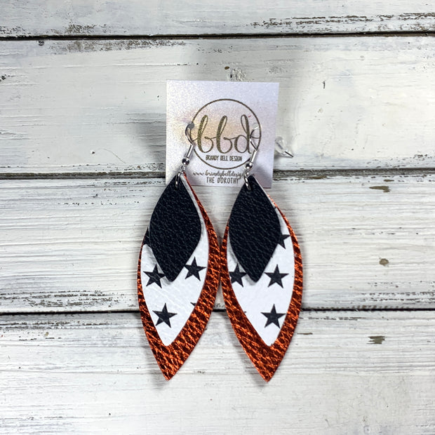 DOROTHY -  Leather Earrings  ||   <BR> MATTE BLACK, <BR> WHITE WITH BLACK STARS, <BR> METALLIC ORANGE PEBBLED