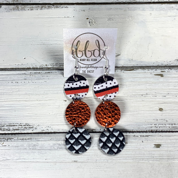 DAISY -  Leather Earrings  ||   <BR> BLACK, ORANGE & WHITE STRIPES (FAUX LEATHER), <BR> METALLIC ORANGE PEBBLED, <BR> BLACK & WHITE MERMAID