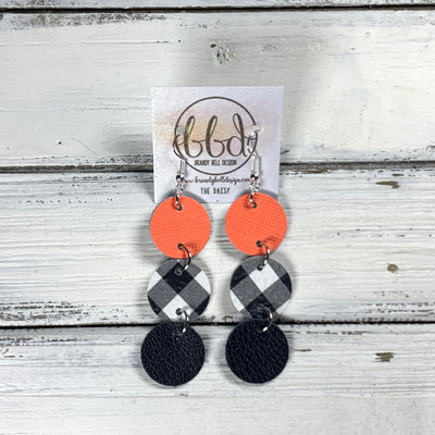 DAISY -  Leather Earrings  ||   <BR> NEON ORANGE SAFFIANO, <BR> PETITE BLACK & WHITE BUFFALO PLAID, <BR> MATTE BLACK