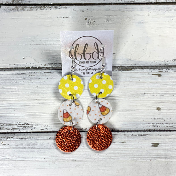 DAISY -  Leather Earrings  ||   <BR> BRIGHT YELLOW POLKADOTS, <BR> MINI CANDY CORNS (FAUX LEATHER), <BR> METALLIC ORANGE PEBBLED