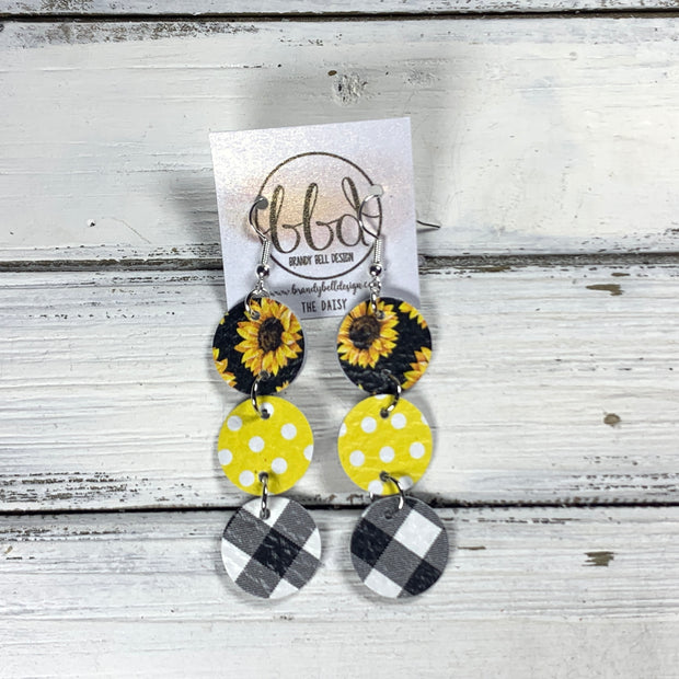 DAISY -  Leather Earrings  ||   <BR> SUNFLOWERS ON BLACK, <BR> BRIGHT YELLOW POLKADOTS, <BR> PETITE BLACK & WHITE BUFFALO PLAID