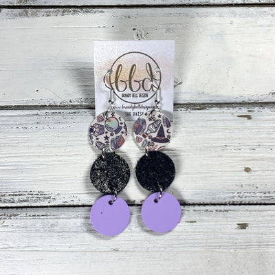 DAISY -  Leather Earrings  ||   <BR> BREWING MAGIC (FAUX LEATHER), <BR> SHIMMER DISTRESSED SILVER ON BLACK, <BR> MATTE LILAC SMOOTH