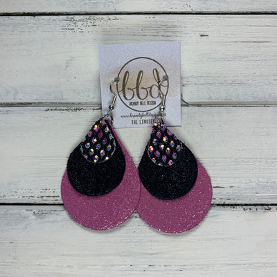 LINDSEY - Leather Earrings  ||   <BR>  IRIDESCENT PINK WITH NETTING GLITTER (FAUX LEATHER), <BR> SHIMMER BLACK,  <BR> SHIMMER PINK