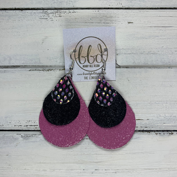 LINDSEY - Leather Earrings  ||   <BR>  IRIDESCENT PINK WITH NETTING GLITTER (FAUX LEATHER), <BR> SHIMMER BLACK,  <BR> SHIMMER PINK