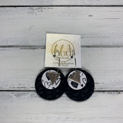 TRIXIE - Leather Earrings  ||    <BR> SILVER TRIANGLE, <BR> BLACK SCRIBBLED HEARTS,  <BR> HONEYCOMB TEXTURED BLACK