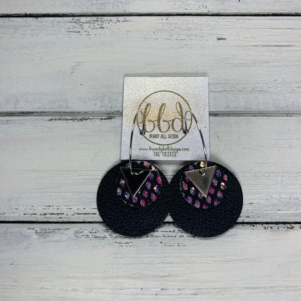 TRIXIE - Leather Earrings  ||    <BR> SILVER TRIANGLE, <BR> IRIDESCENT PINK WITH NETTING GLITTER (FAUX LEATHER),  <BR> MATTE BLACK