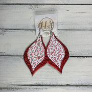 EVE - Leather Earrings  || "LOVE" WITH HEARTS (FAUX LEATHER),<BR> METALLIC RED PEBBLED