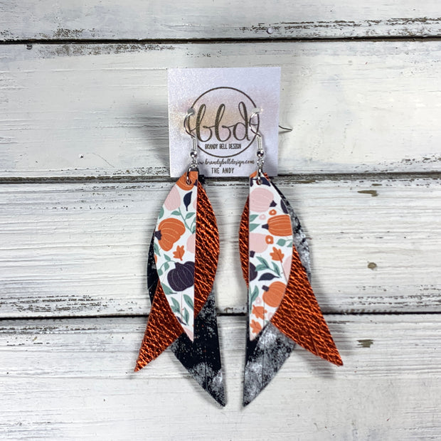 ANDY -  Leather Earrings  ||   <BR> BLUSHING PUMPKIN PATCH (FAUX LEATHER), <BR> METALLIC ORANGE PEBBLED, <BR> BLACK & WHITE NORTHERN LIGHTS