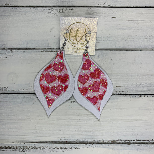 EVE - Leather Earrings  || PINK HEARTS ON GLITTER (FAUX LEATHER),<BR> MATTE WHITE