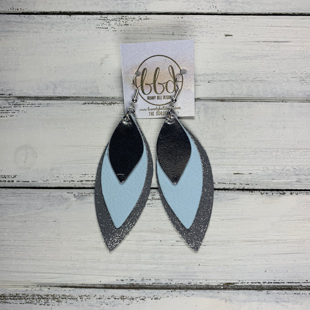 DOROTHY - Leather Earrings  ||  <BR> METALLIC SILVER SMOOTH, <BR> MATTE LIGHT BLUE, <BR> SHIMMER GRAY
