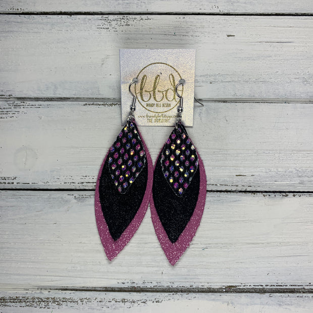 DOROTHY - Leather Earrings  ||  <BR> IRIDESCENT PINK WITH NETTING GLITTER (FAUX LEATHER), <BR> SHIMMER BLACK, <BR> SHIMMER PINK