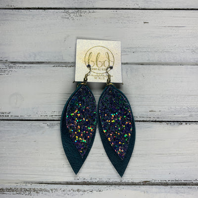 ALLIE -  Leather Earrings  || FORREST GLITTER (FAUX LEATHER), <BR> MATTE DISTRESSED TEAL