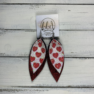 ALLIE -  Leather Earrings  || RED HEARTS GLITTER (FAUX LEATHER), <BR> SHIMMER RED ON BLACK