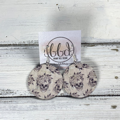 CIRCLE -  Leather Earrings  ||  BLACK & WHITE SKULLS WITH FLORAL (FAUX LEATHER)