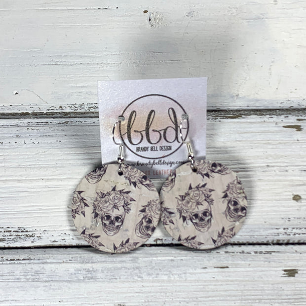 CIRCLE -  Leather Earrings  ||  BLACK & WHITE SKULLS WITH FLORAL (FAUX LEATHER)