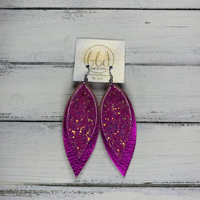 ALLIE -  Leather Earrings  || SASSY PINK GLITTER (FAUX LEATHER), <BR> METALLIC NEON PINK PEBBLED
