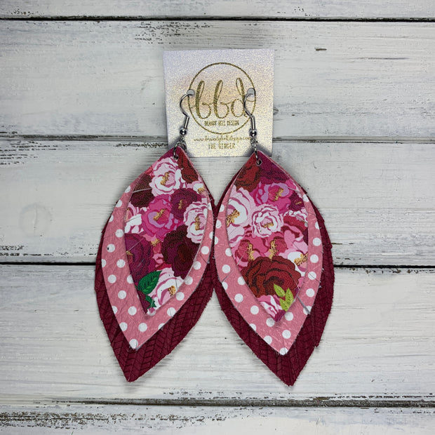GINGER - Leather Earrings  ||  PINK FLORAL (FAUX LEATHER), <BR> PINK WITH WHITE POLKADOTS, <BR> BURGUNDY PALMS