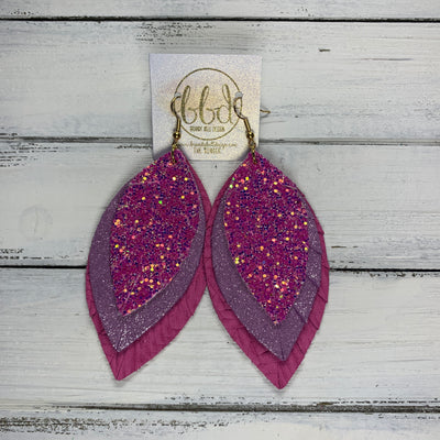 GINGER - Leather Earrings  ||  SASSY PINK GLITTER (FAUX LEATHER), <BR> SHIMMER LILAC, <BR> PINK BRAIDED