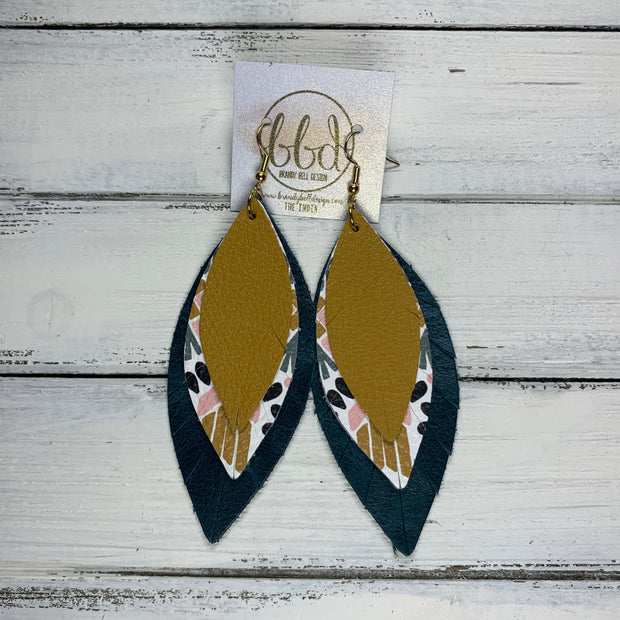INDIA - Leather Earrings   ||  <BR>  MUSTARD YELLOW,  <BR> PINK & MUSTARD AZTEC, <BR> MATTE DISTRESSED TEAL