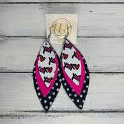 INDIA - Leather Earrings   ||  <BR>  XOXO (FAUX LEATHER),  <BR> MATTE NEON PINK, <BR> BLACK WITH WHITE POLKADOTS