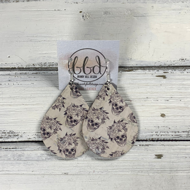 ZOEY (3 sizes available!) -  Leather Earrings  ||  BLACK & WHITE SKULLS WITH FLORAL (FAUX LEATHER)