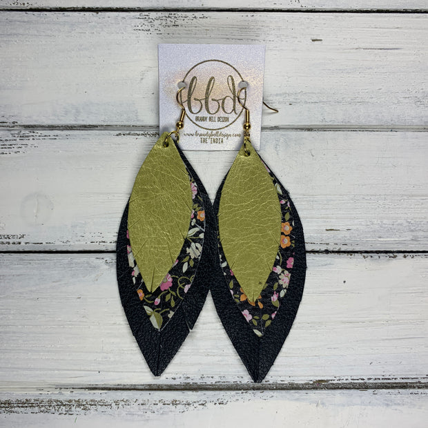 INDIA - Leather Earrings   ||  <BR>  YELLOW OCHRE,  <BR> MINI PINK FLORAL ON BLACK, <BR> MATTE BLACK