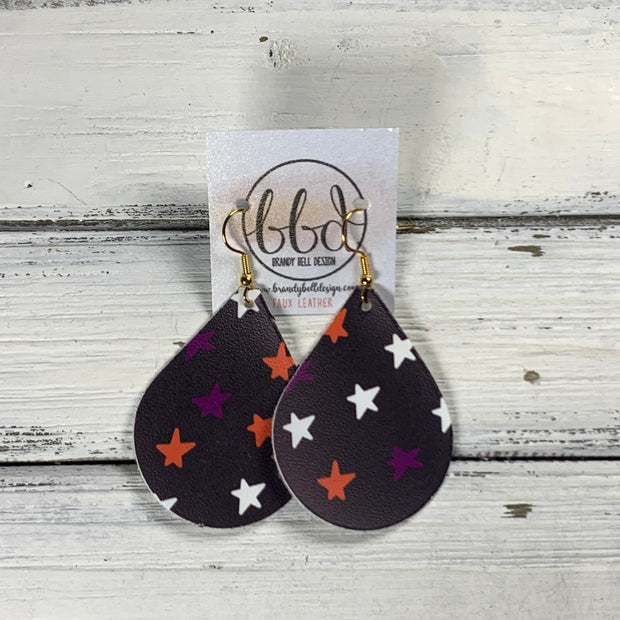 ZOEY (3 sizes available!) -  Leather Earrings  || ORANGE, PURPLE & WHITE STARS ON BLACK (FAUX LEATHER)