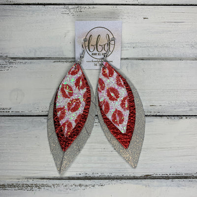 INDIA - Leather Earrings   ||  <BR>  LIPS GLITTER (FAUX LEATHER),  <BR> METALLIC RED PEBBLED, <BR> SHIMMER ROSE GOLD