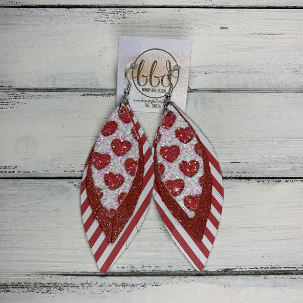 INDIA - Leather Earrings   ||  <BR>  RED HEARTS GLITTER (FAUX LEATHER),  <BR> SHIMMER RED, <BR> MINI RED & WHITE STRIPE
