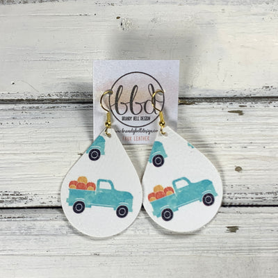 ZOEY (3 sizes available!) -  Leather Earrings  ||  BLUE TRUCK WITH PUMPKINS (FAUX LEATHER)