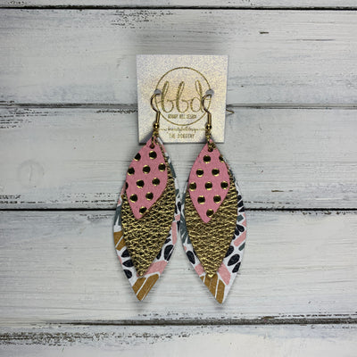 DOROTHY - Leather Earrings  ||  <BR> PINK & GOLD POLKADOTS, <BR> METALLIC GOLD PEBBLED, <BR> PINK & MUSTARD AZTEC