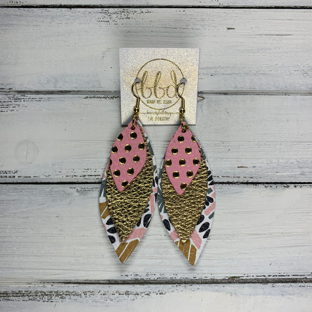 DOROTHY - Leather Earrings  ||  <BR> PINK & GOLD POLKADOTS, <BR> METALLIC GOLD PEBBLED, <BR> PINK & MUSTARD AZTEC