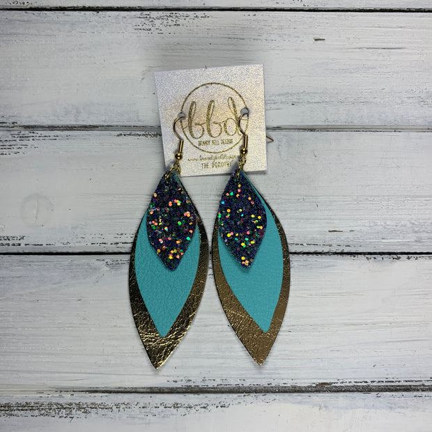 DOROTHY - Leather Earrings  ||  <BR> FORREST GLITTER (FAUX LEATHER), <BR> ROBINS EGG BLUE, <BR> METALLIC GOLD SMOOTH