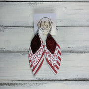 DOROTHY - Leather Earrings  ||  <BR> SHIMMER RED ON BLACK, <BR> "LOVE" HEARTS (FAUX LEATHER), <BR> MINI RED & WHITE STRIPE